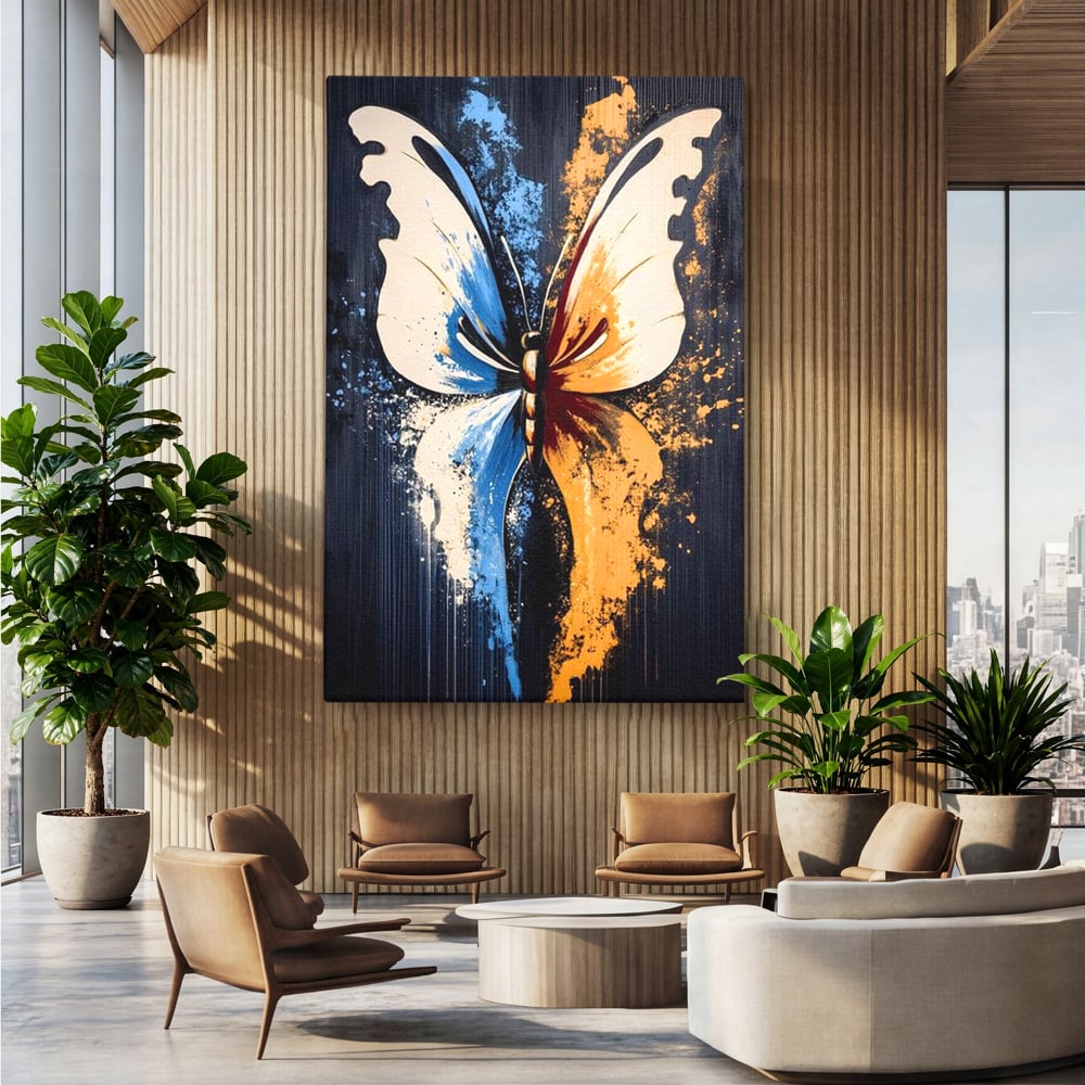 Tablou canvas cu tablou canvas cu fluture simetric, fara rama, pe sasiu de lemn, pe perete intr-un birou